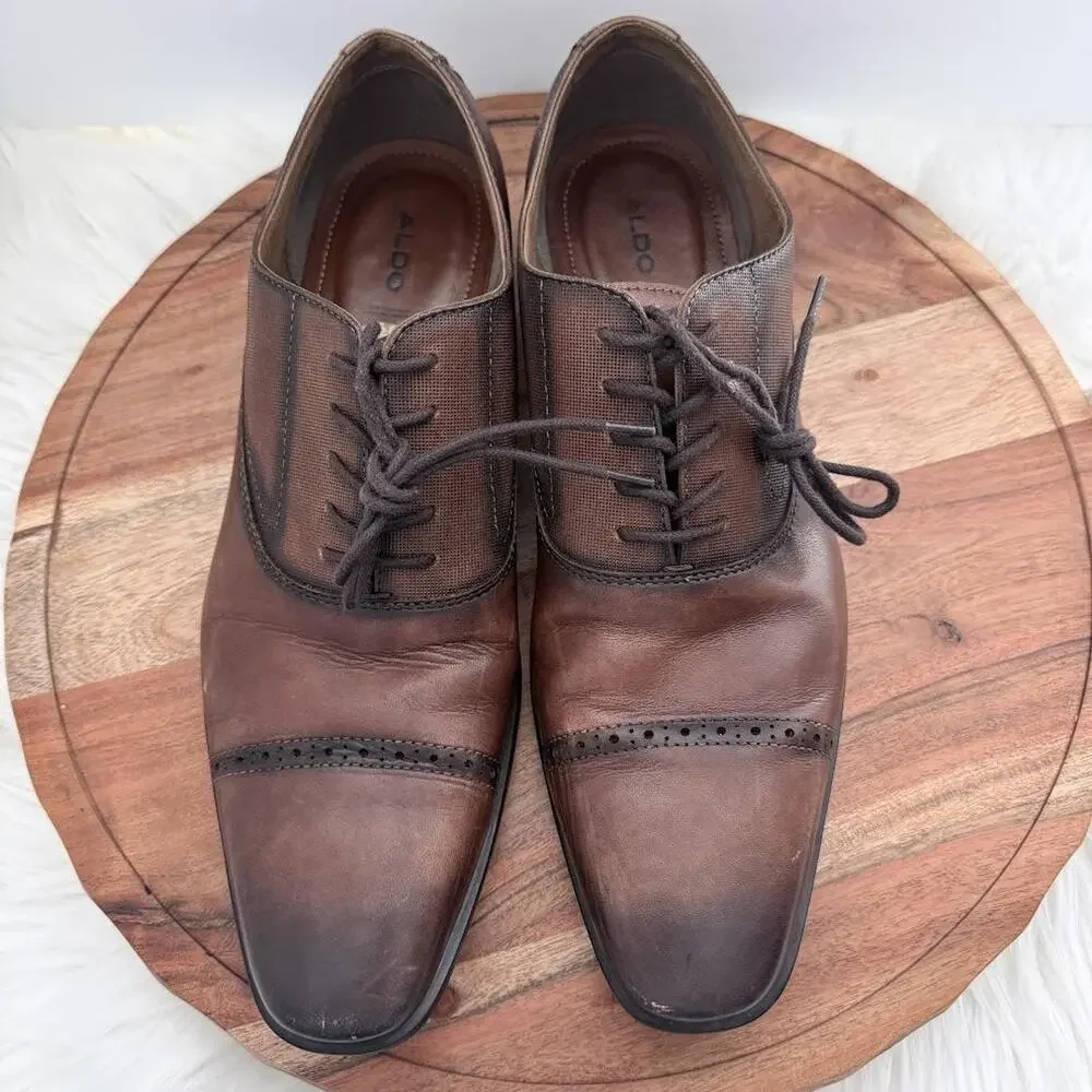 Aldo Nathean Oxford Dress Shoes Mens Size 12M  Brown Leather Cap Toe 0584471‎